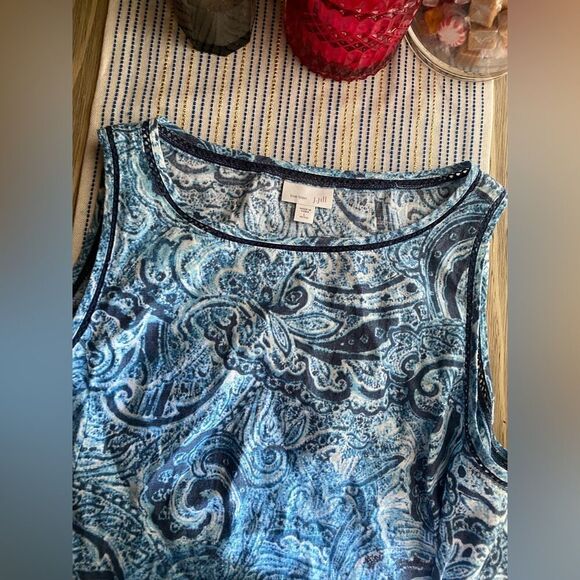 J. Jill Love Linen Dress Women Sz Large Petite Indigo Blue Paisley Waves A-line - Picture 6 of 11